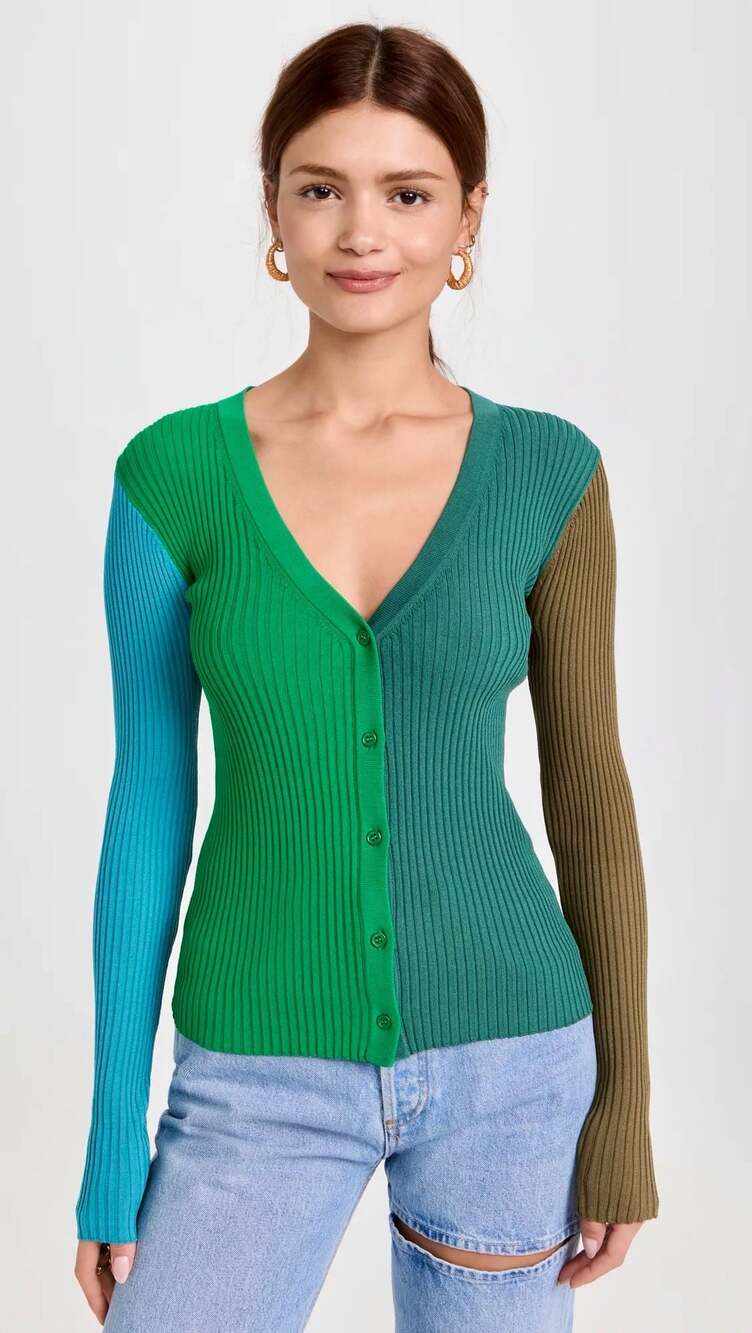 STAUD Colorblock Ribbed Knit Cardigan Sweater Green Blue Brown M